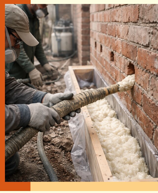 Заливка ППУ в пустоты кирпичной стены в Лениногорске