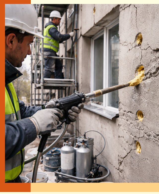 Заполнение пустот в фасаде и утепление стен в Лениногорске